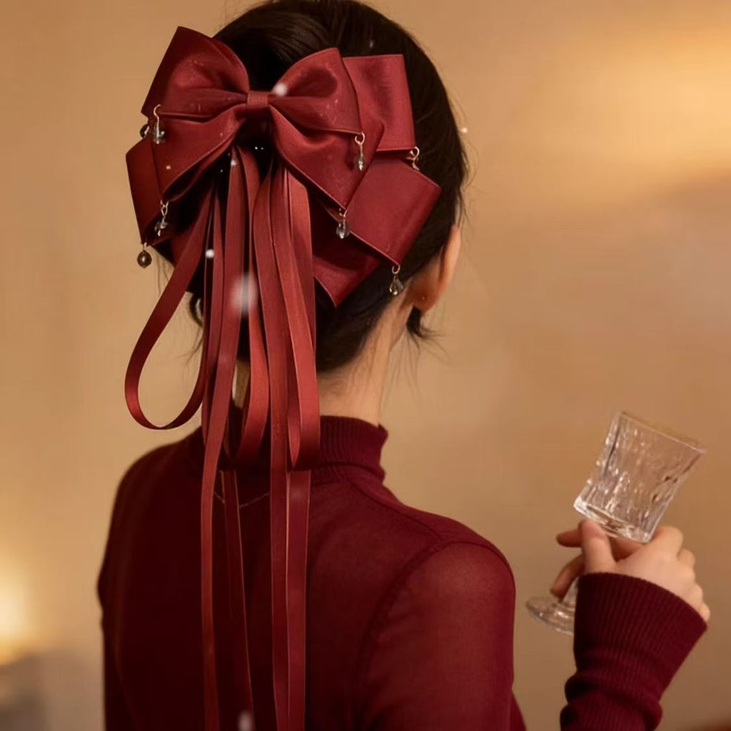 Elegant Low Ponytail with Burgundy Bow Hair Clip | Easy Hairstyle Idea