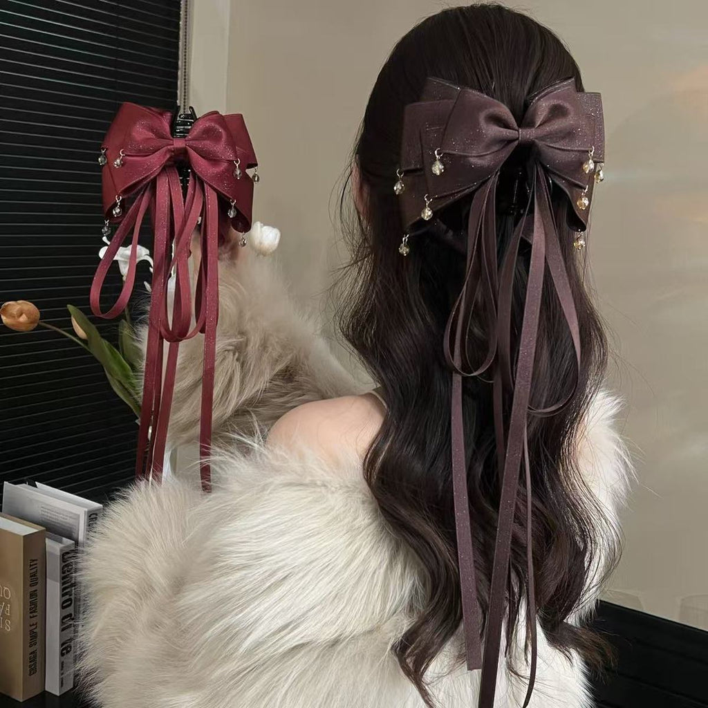 Elegant Low Ponytail with Burgundy Bow Hair Clip | Easy Hairstyle Idea