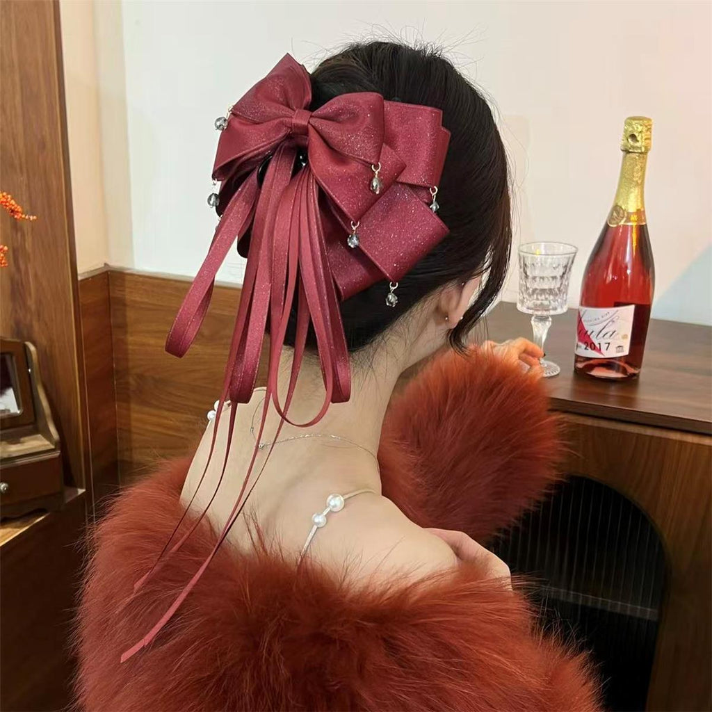 Elegant Low Ponytail with Burgundy Bow Hair Clip | Easy Hairstyle Idea