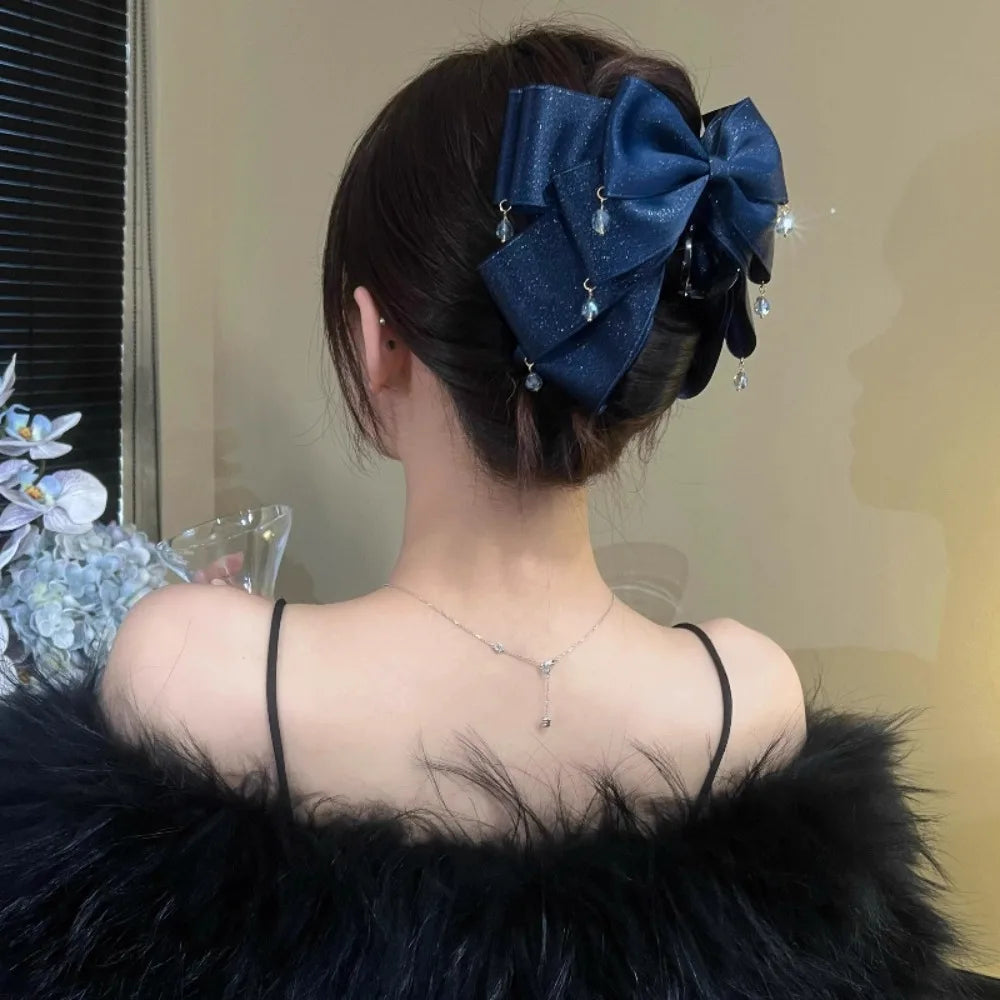 Elegant Butterfly Knot Hair Clip Starry Sky Design Sparkling Diamond Bow Clip Shiny Tassel Shark Clip For Girls Women